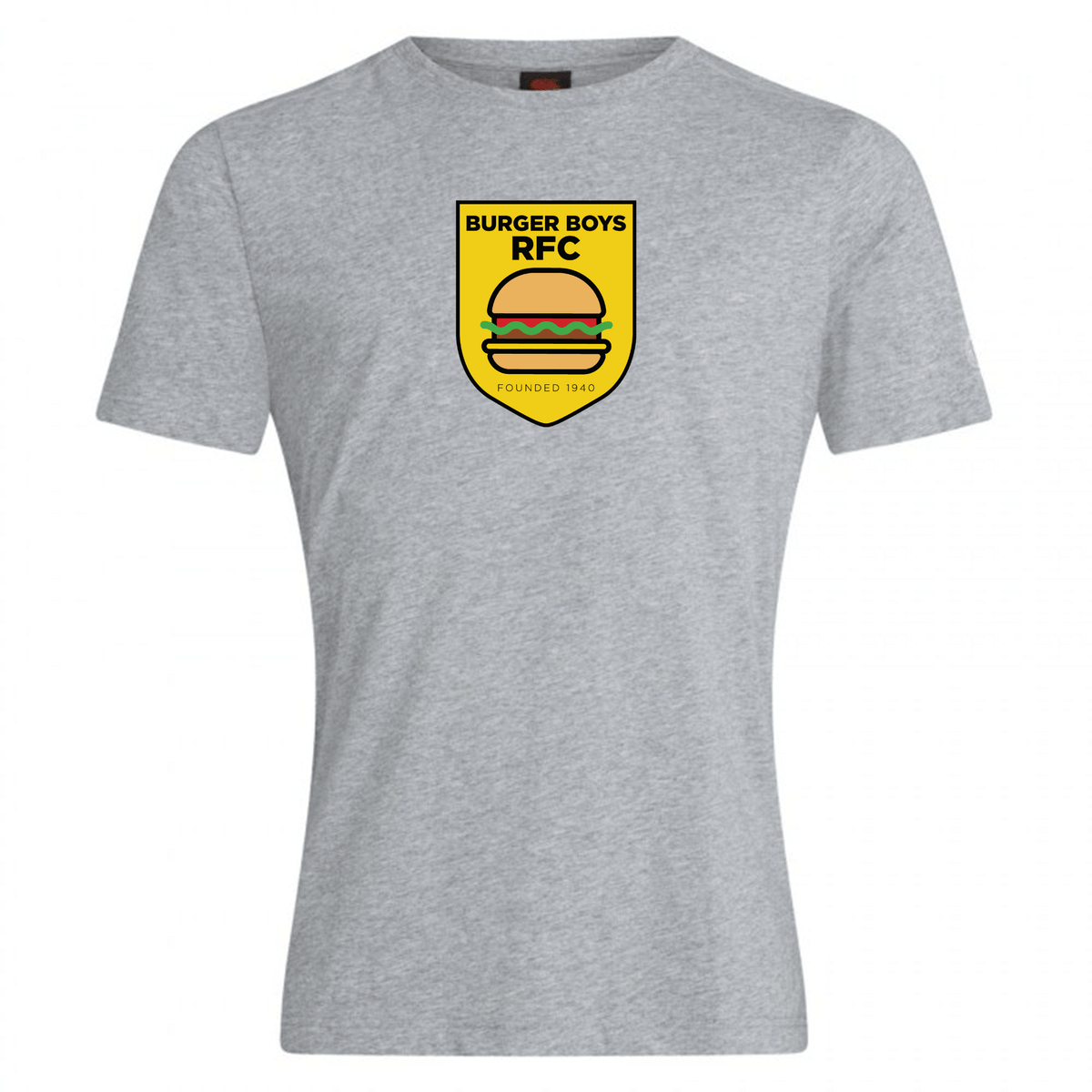Grey t-shirt made from a cotton blend, featuring the logo of Burger Boys RFC Club with a green and yellow emblem, and the founding year 1980 at the top.