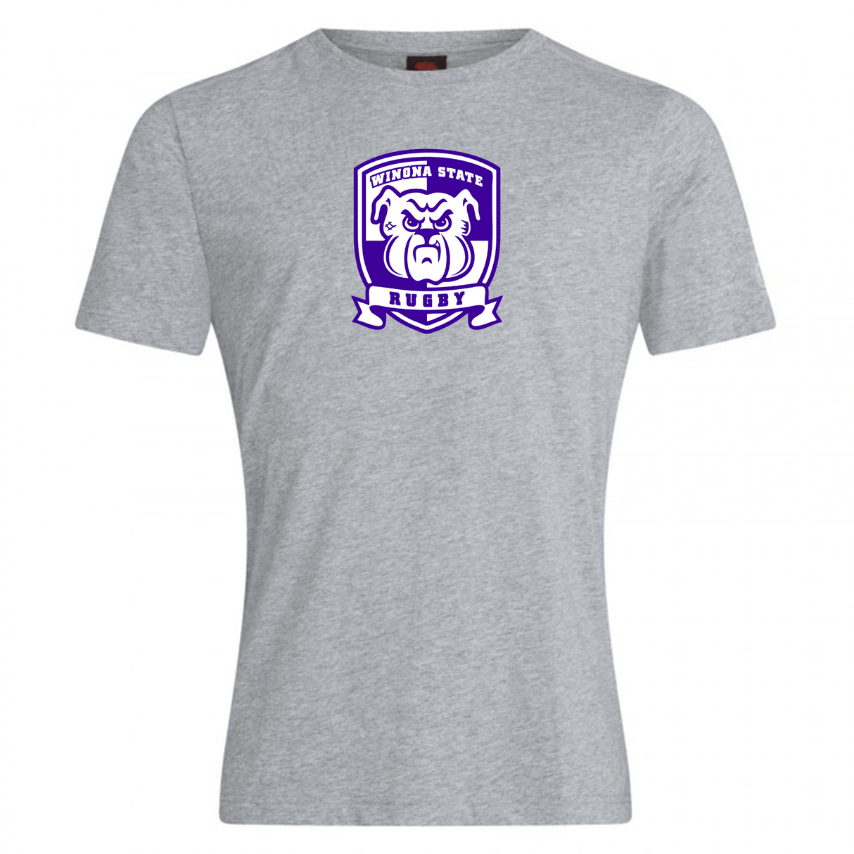 A Winona State University Club Plain Tee by Canterbury made from a premium cotton blend featuring a "Winona State Rugby" logo in purple with a bear and shield design, available for customization.
