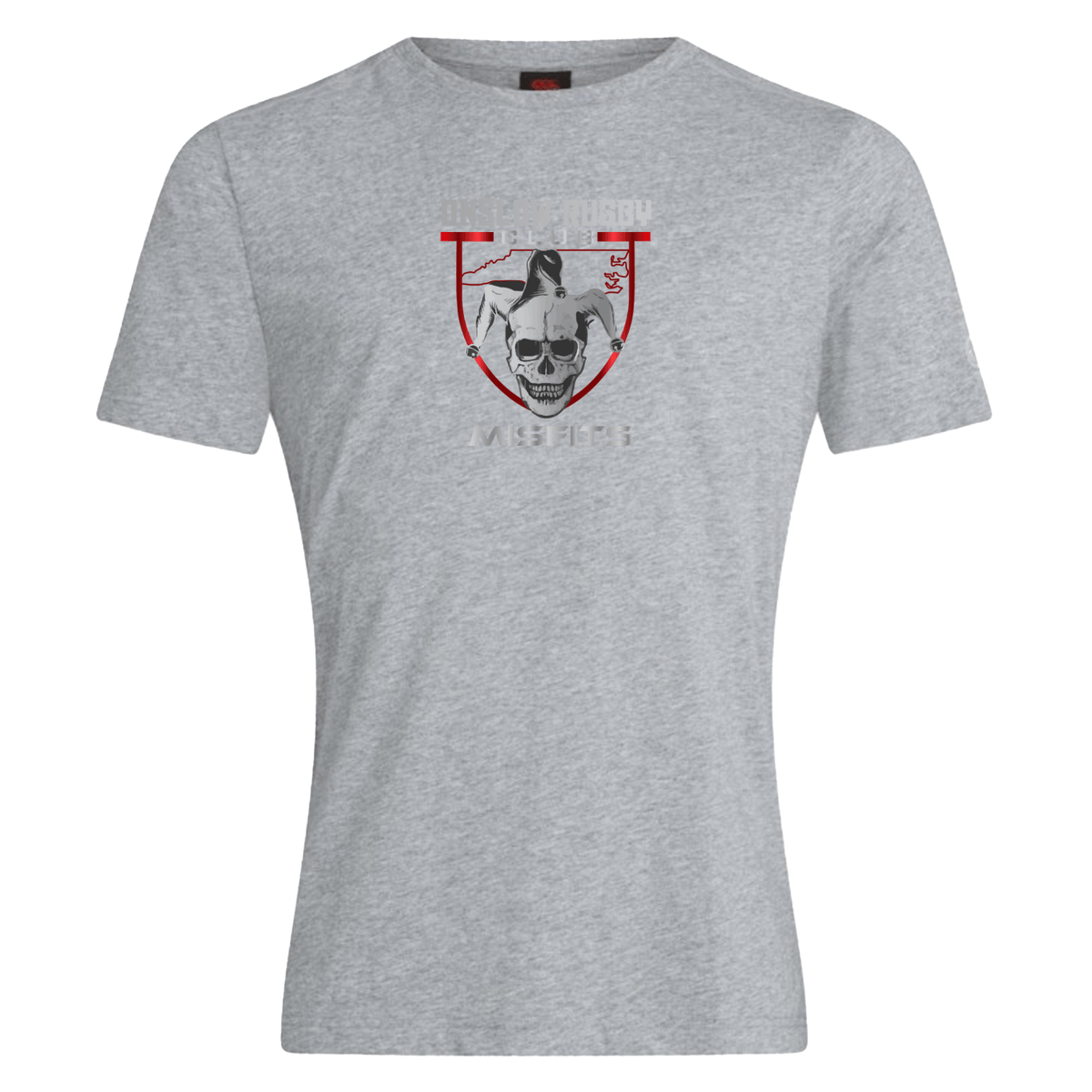 Gray cotton blend Onslow Rugby Misfits Club Plain tee by WRS Canterbury featuring a graphic of a bulldog with the word "misfit" below it, displayed on a plain background.