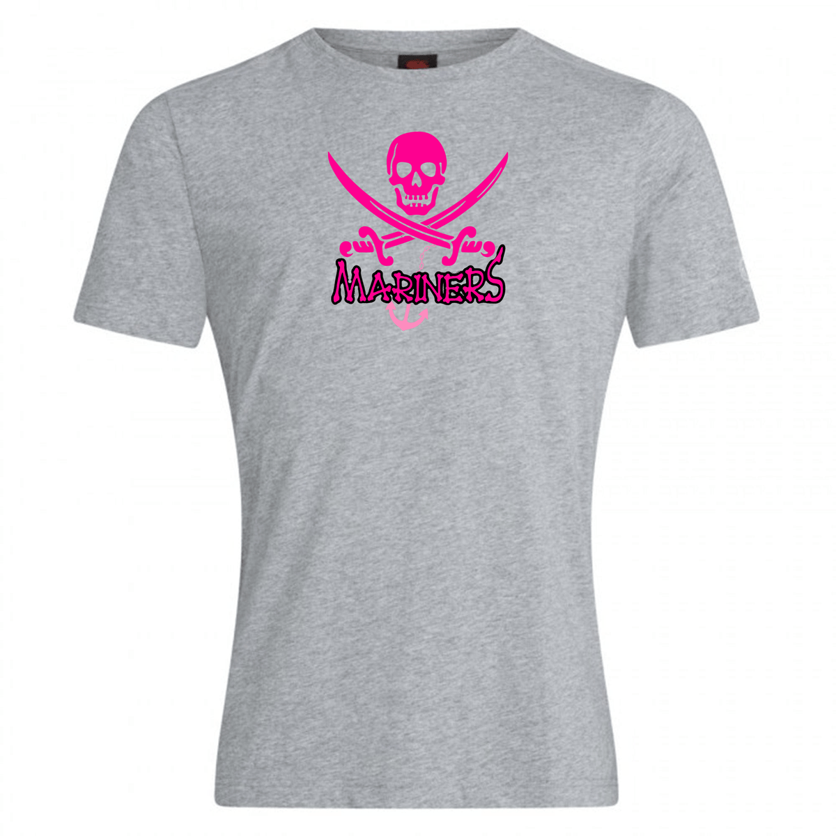 Gray cotton blend SUNY Maritime Club Plain Tee by WRS Canterbury featuring a pink and white "mariners" logo with a skull and crossed swords design.