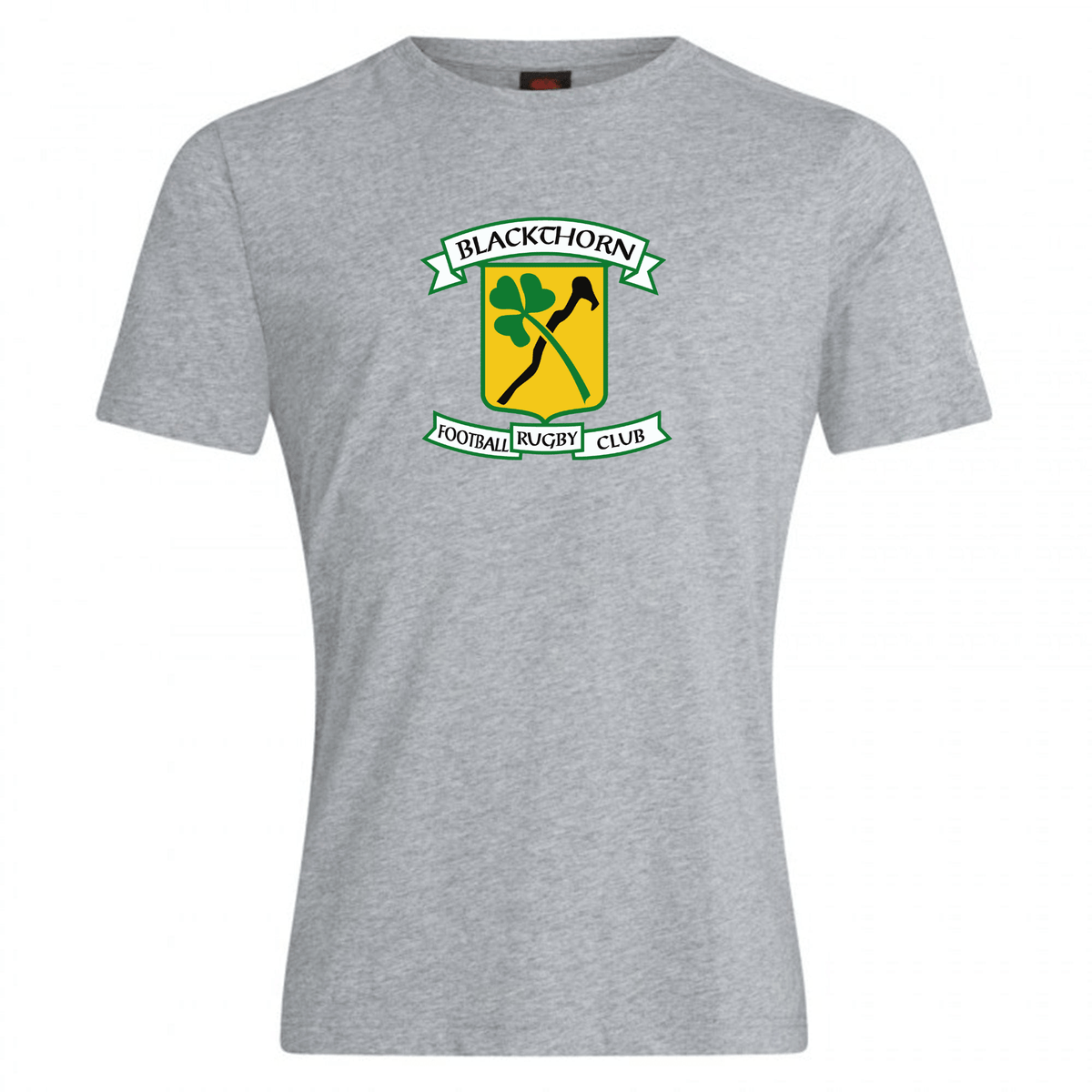 Gray Blackthorn RFC Club Plain Tee by WRS Canterbury featuring the blackhorn football rugby club logo with crossed rugby poles and a comfortable cotton blend green and yellow emblem.