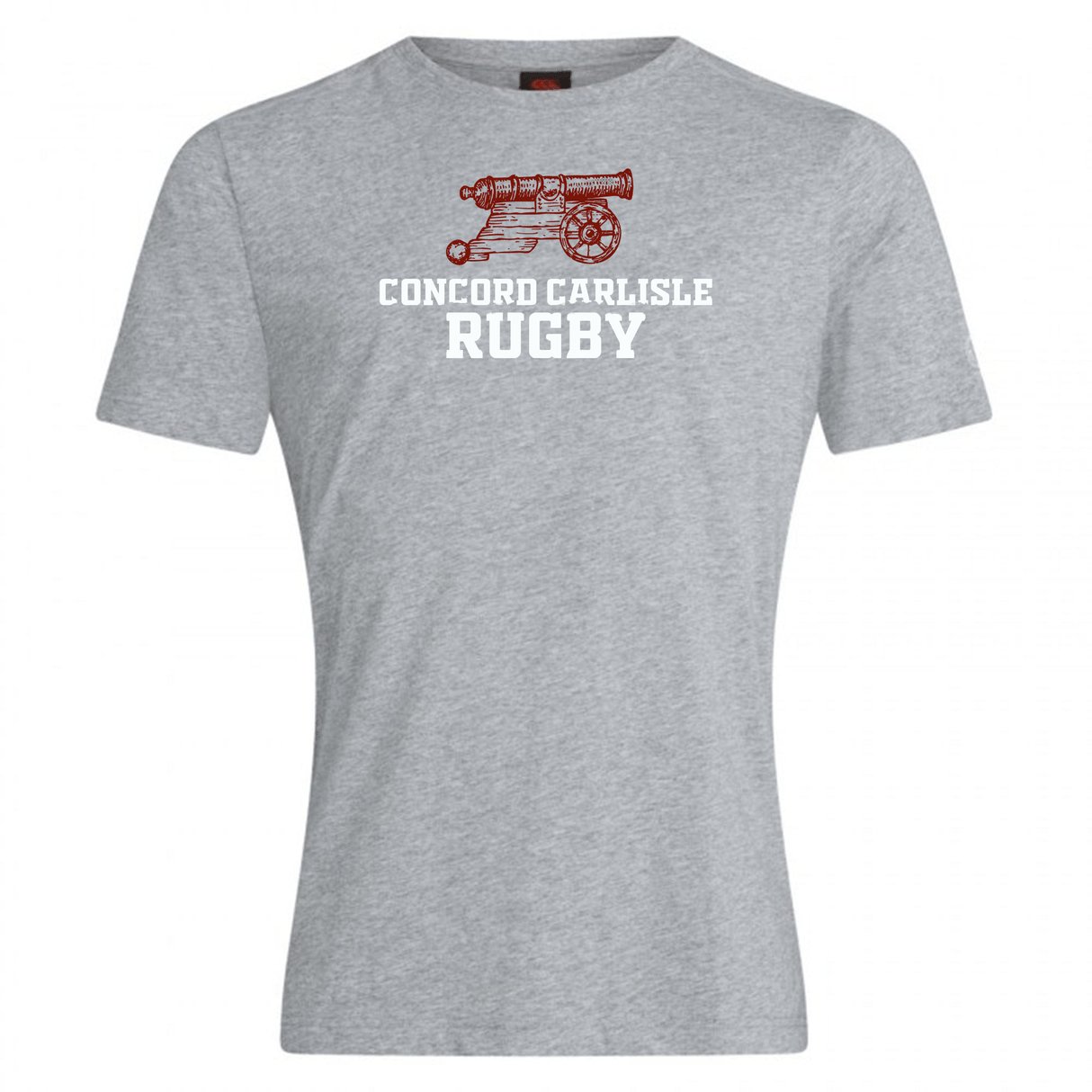 Gray cotton blend Concord Carlisle Rugby Club Plain Tee by Canterbury with "concord carlisle rugby" text and a red cannon graphic printed on the front.