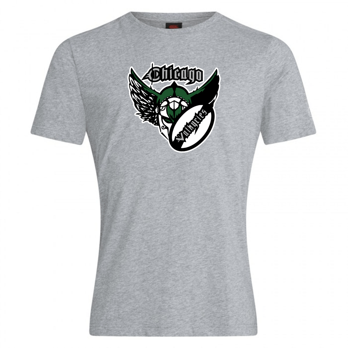 Gray cotton blend t-shirt featuring a graphic design with the word "Chicago" and a green winged creature resembling a mouth - Chicago Valkyries Club Plain Tee by WRS Canterbury.