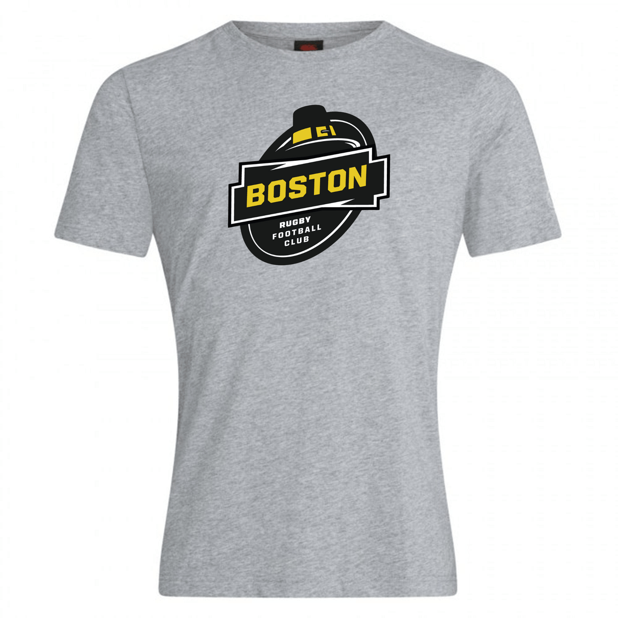Gray cotton blend t-shirt with a Boston rugby football logo featuring black, yellow, and white colors on the chest, and WRS Canterbury branding.