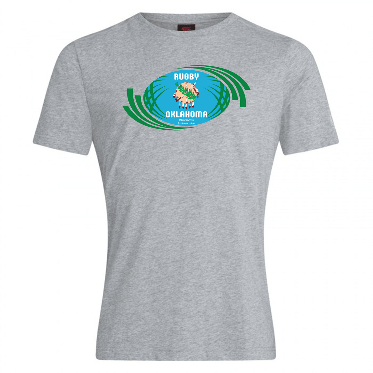 Gray cotton blend Rugby Oklahoma Club plain tee by WRS Canterbury featuring a green and blue "rugby oklahoma" logo with rugby ball and laurel wreath design.