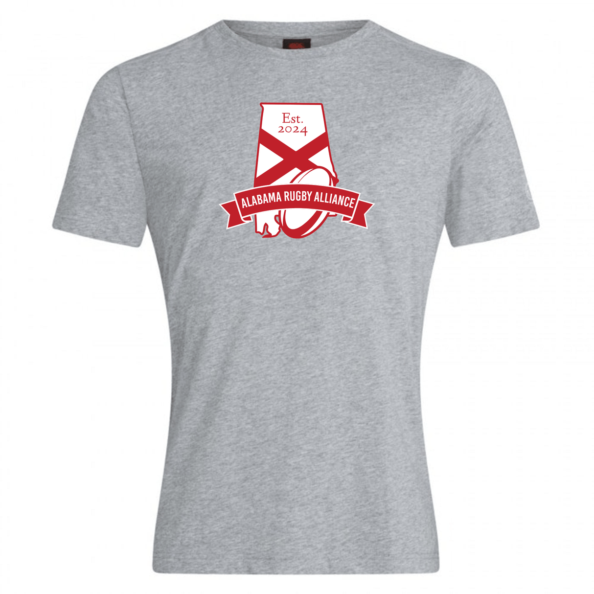 Gray cotton blend t-shirt with a red and white WRS Canterbury Alabama Rugby Alliance Club Plain Tee logo, featuring an "a" and "est 2024" text.