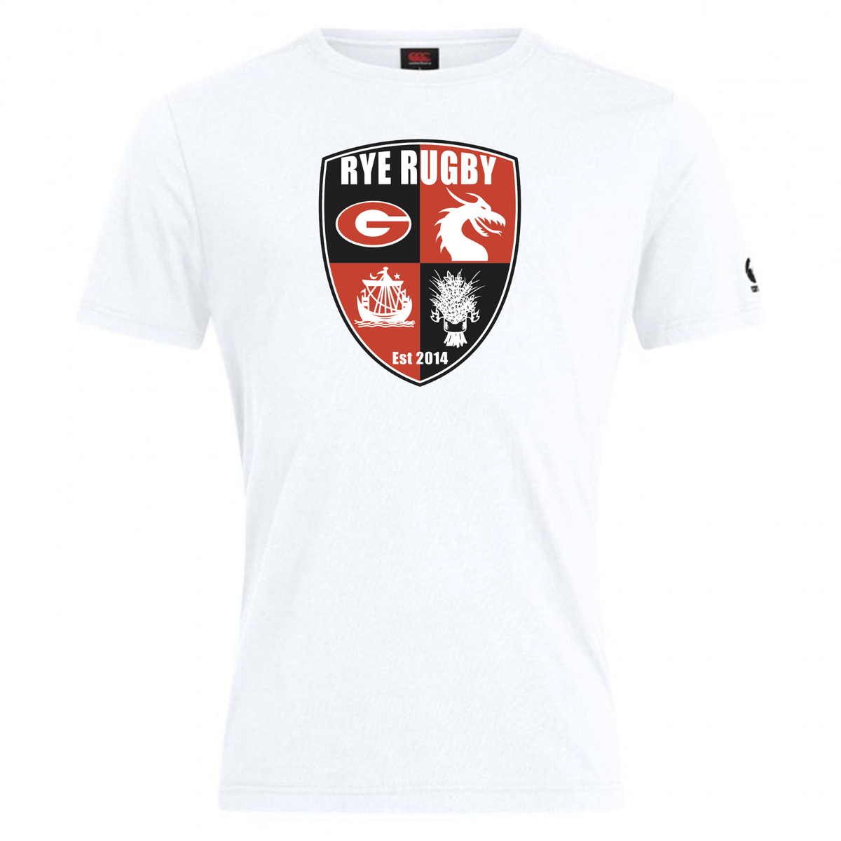 White cotton blend Rye High School Rugby Club Plain Tee by WRS Canterbury with a rugby-themed CCC Club logo on the front, perfect for casual wear.