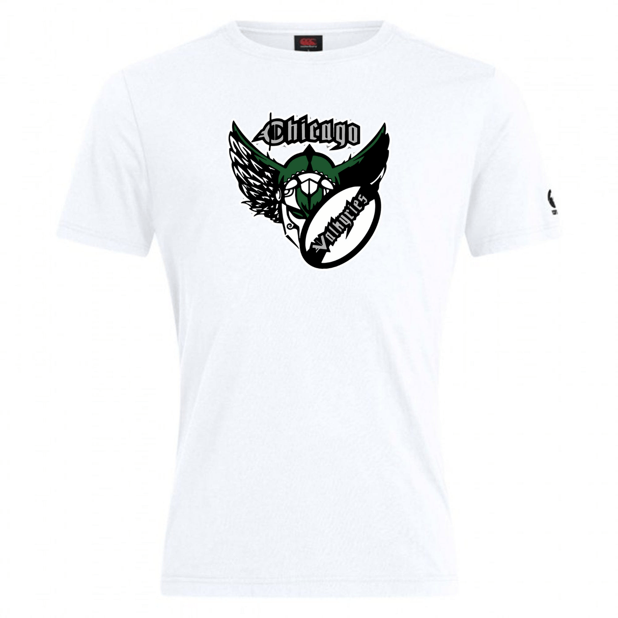 White t-shirt with a graphic of a green and black winged mask and the word "Chicago" on the front, made from a comfortable cotton blend. - Chicago Valkyries Club Plain Tee by WRS Canterbury