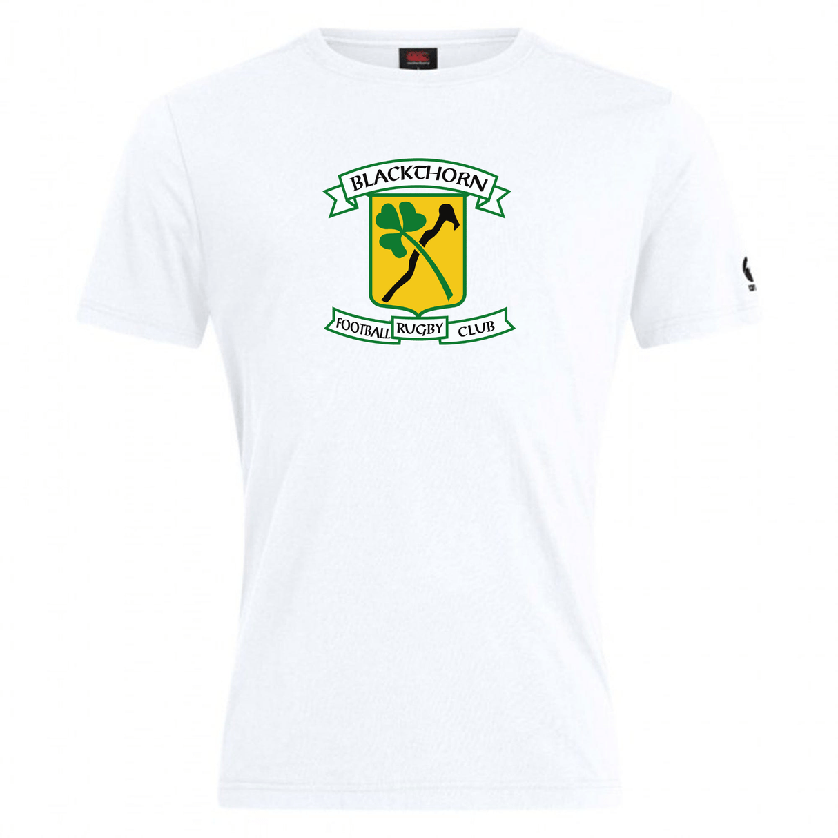White t-shirt crafted from a comfortable cotton blend, featuring the Blackthorn RFC Club logo with a green and yellow emblem of two rugby players.