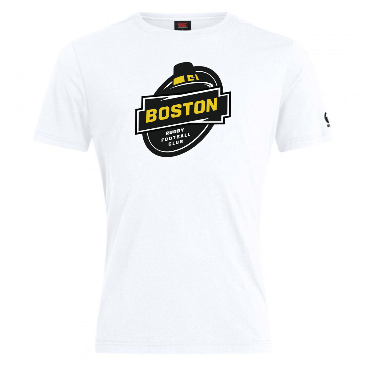White cotton blend t-shirt with a Boston RFC Club Plain Tee by Canterbury logo featuring a stylized helmet design, displayed on a plain background.