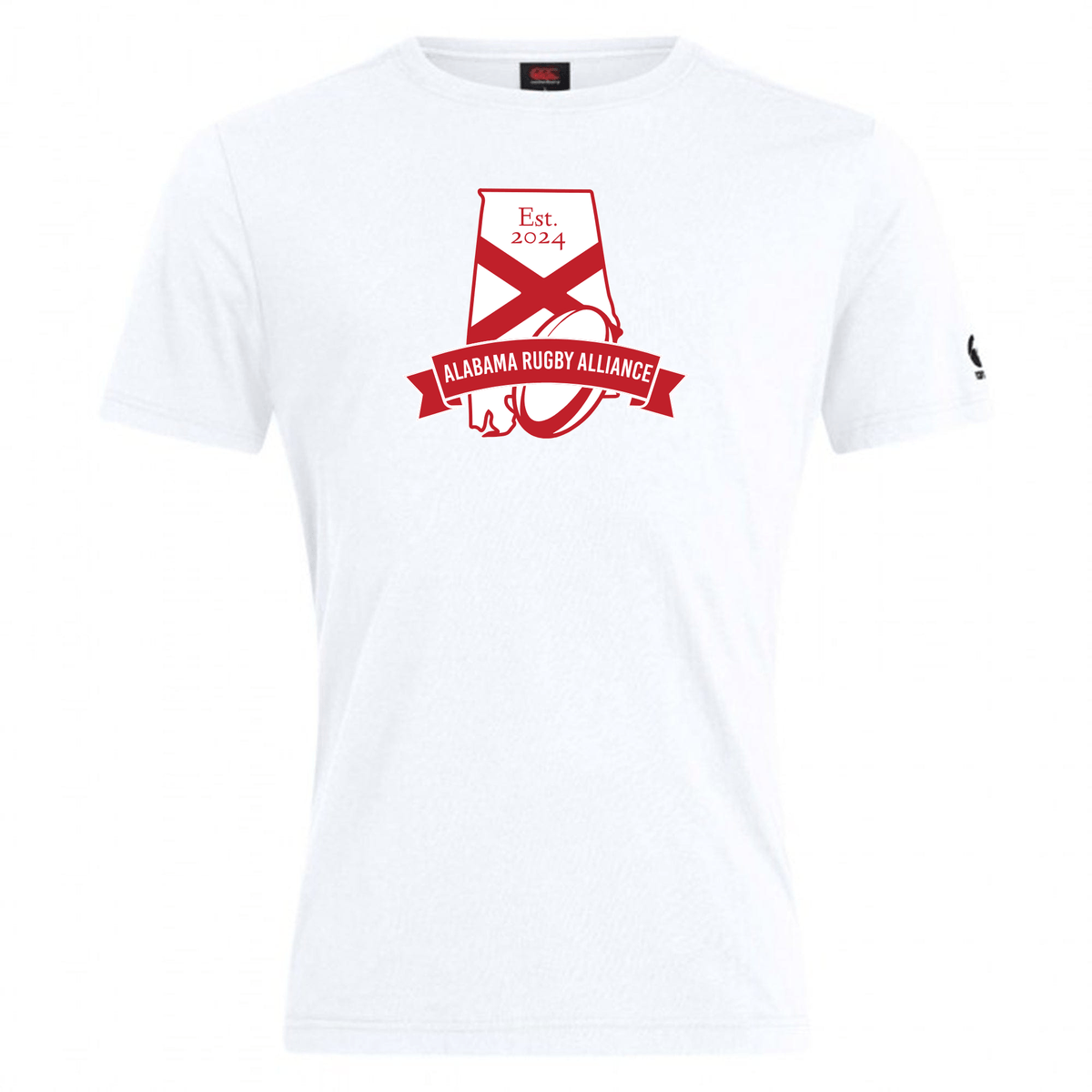 White Alabama Rugby Alliance Club Plain Tee made from a cotton blend, featuring the red and black WRS Canterbury emblem with the establishment year 2024.