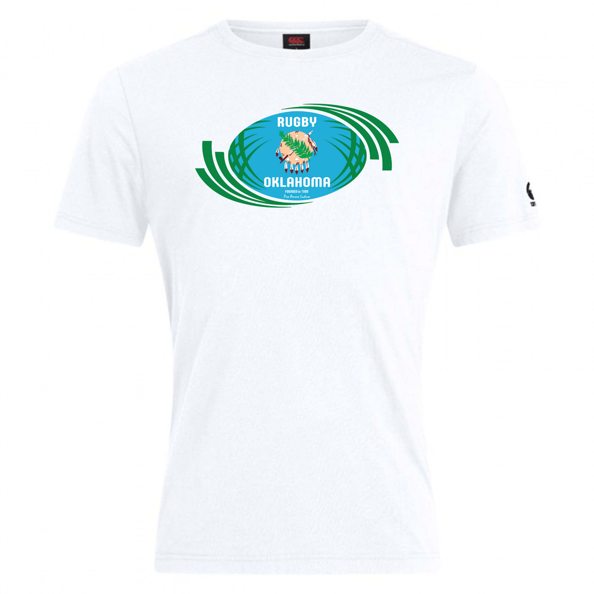 White cotton blend t-shirt with a "Rugby Oklahoma Club Plain Tee by Canterbury" logo featuring a rugby ball and green stripes on the chest.