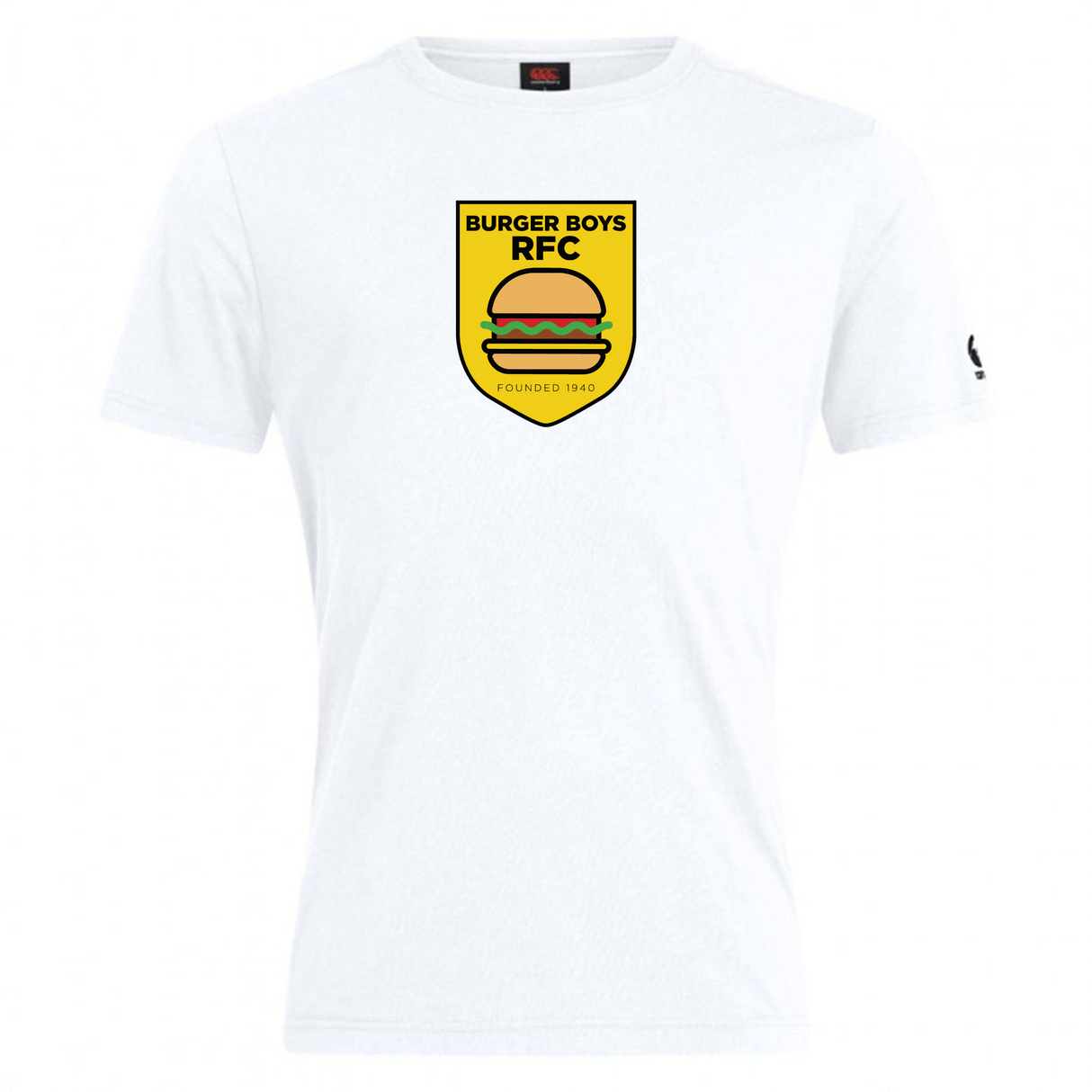 White cotton blend Burger Boys RFC Club Plain Tee by WRS Canterbury featuring the Burger Boys RFC logo with a burger graphic, branded with a founding date of 1980.