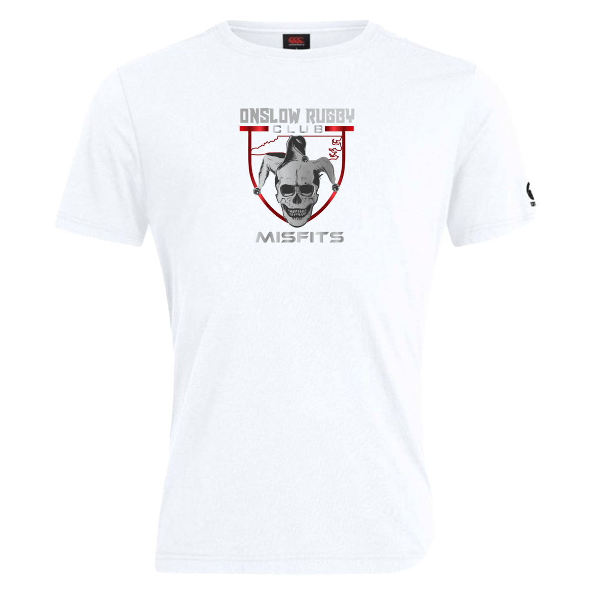 White cotton blend Onslow Rugby Misfits Club Plain Tee by Canterbury featuring a stylized dog's face inside a red shield, displayed on a plain background.
