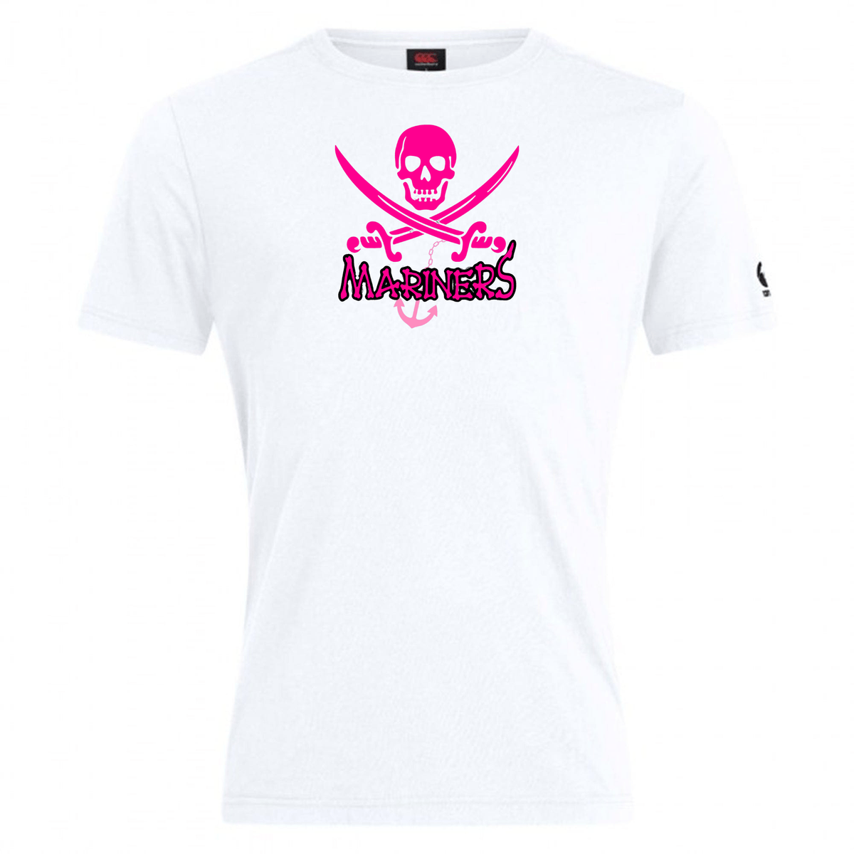 White cotton blend SUNY Maritime Club Plain Tee by Canterbury with a pink "mariners" logo featuring a skull and crossed swords design, displayed on a plain background by WRS Canterbury.