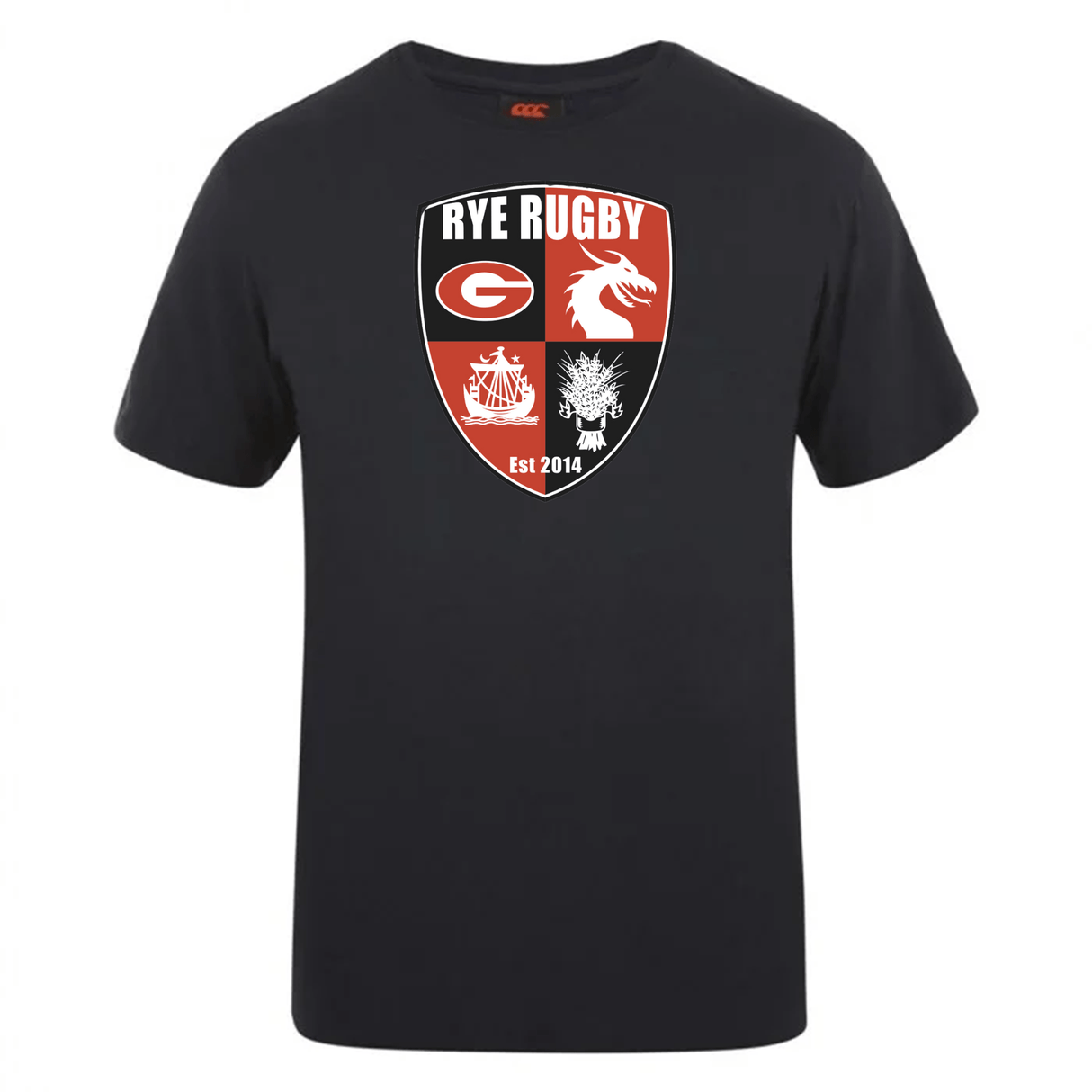 Black cotton blend t-shirt with Rye High School Rugby Club logo print by WRS Canterbury.