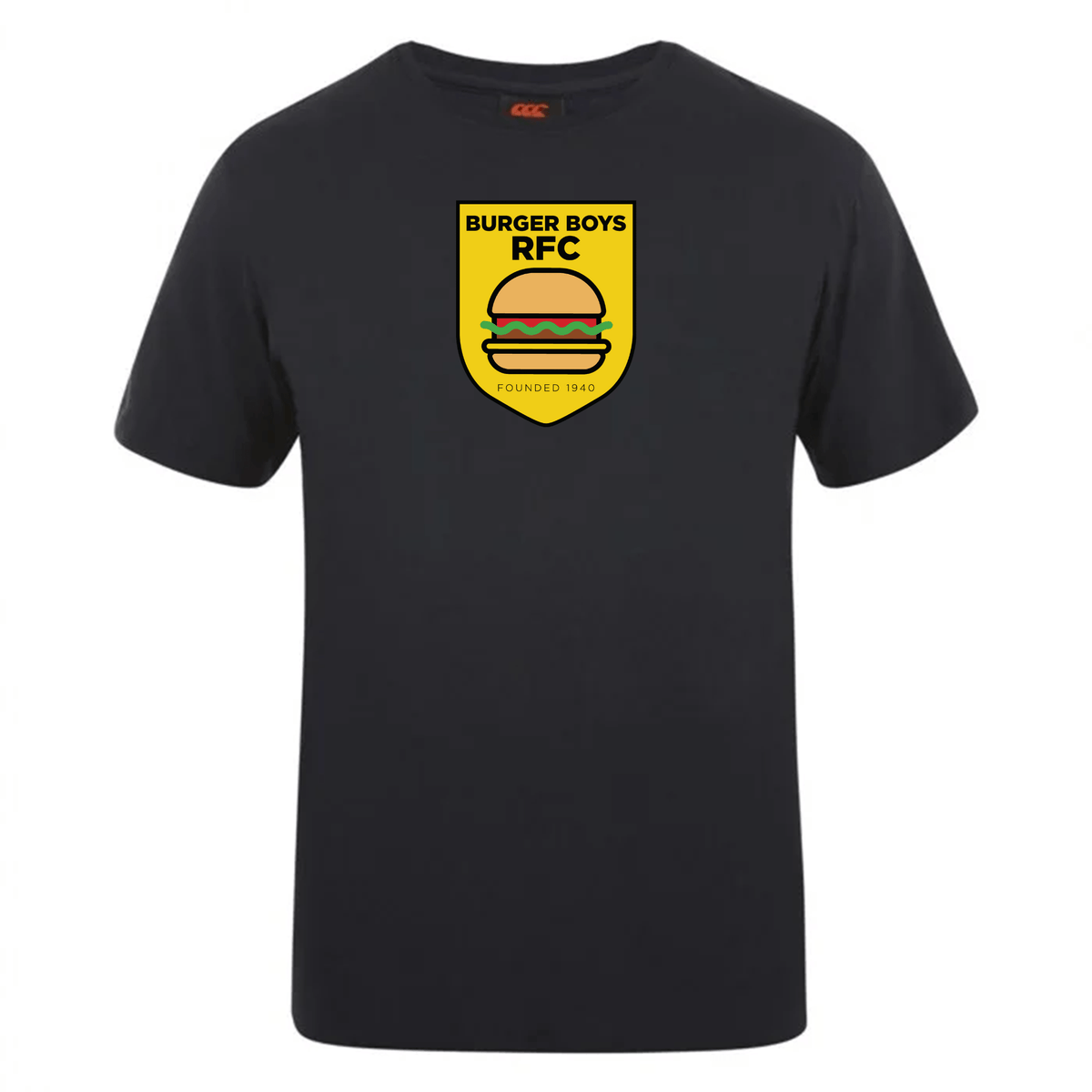 WRS Canterbury's Burger Boys RFC Club Plain Tee features a logo with a hamburger and text "burger boys rfc, founded 1980" on the chest.