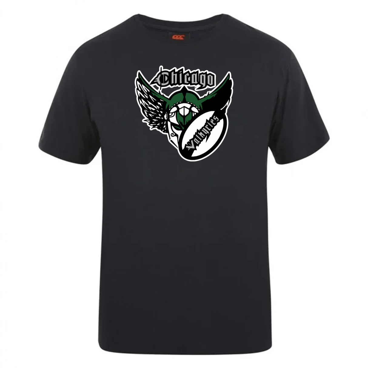 Black Chicago Valkyries Club Plain Tee by WRS Canterbury featuring a graphic design with the word "chicago," a winged skull, and a baseball motif in green and white colors, made from a comfortable cotton blend.