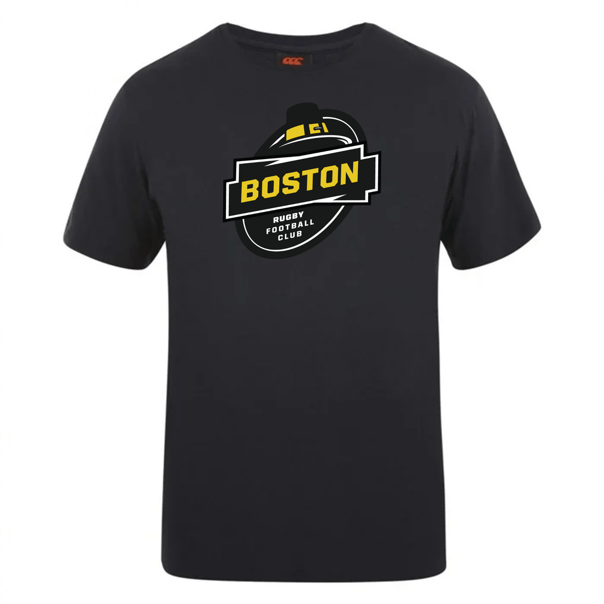 Replace the product in the sentence below with the given product name and brand name.
Sentence: Black cotton blend t-shirt with a yellow and white "Boston Rugby Football Club" logo featuring a stylized rugby ball and a hat.
Product Name: Boston RFC Club Plain Tee by Canterbury
Brand Name: WRS Canterbury
Revised Sentence: Black cotton blend t-shirt with a yellow and white "Boston Rugby Football Club" logo featuring a stylized rugby ball and a hat, from WRS Canterbury's Boston RFC Club Plain Tee collection.