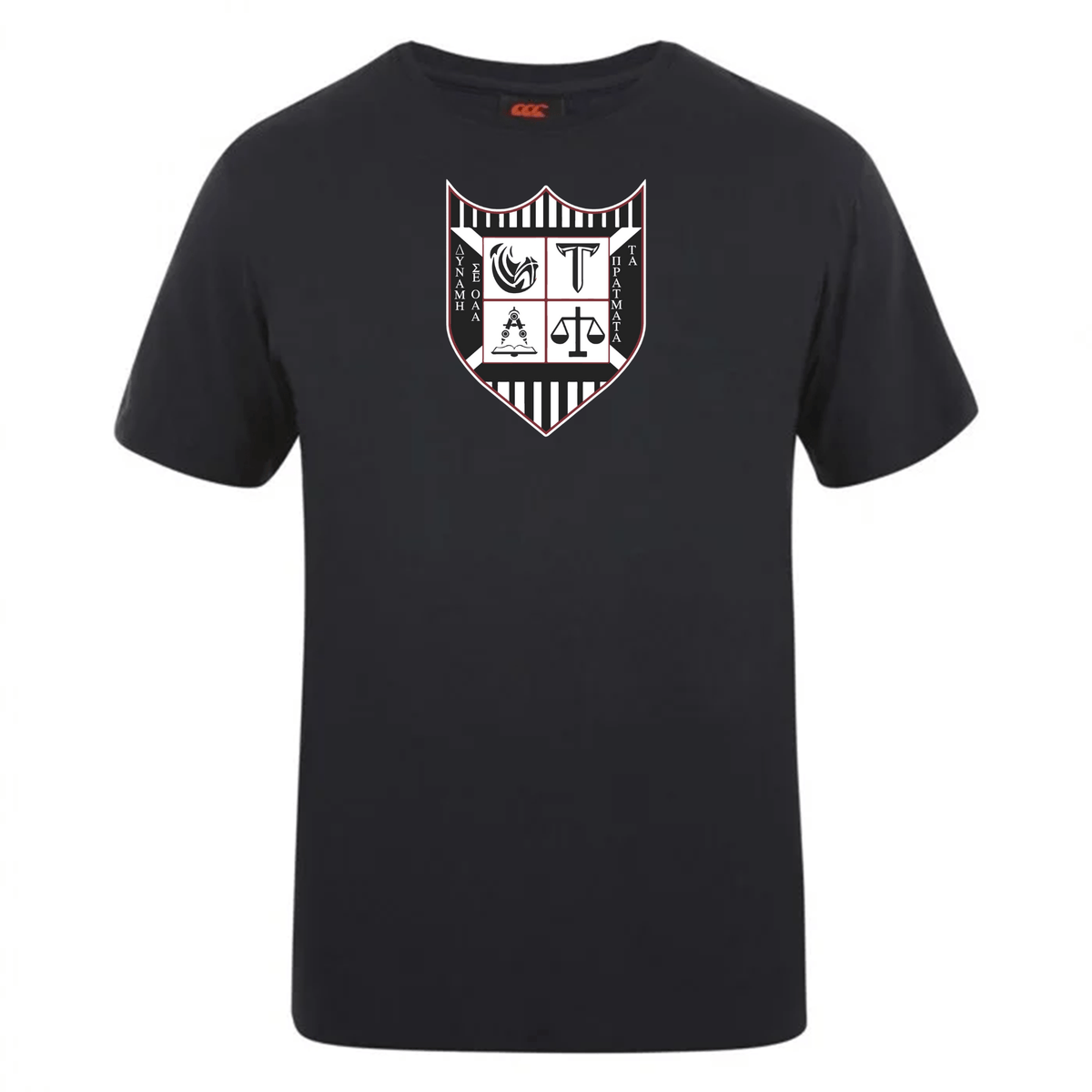 Black cotton blend t-shirt with a white and red shield logo featuring scales, a column, and abstract symbols from WRS Canterbury's Troy University Rugby Club Plain Tee.