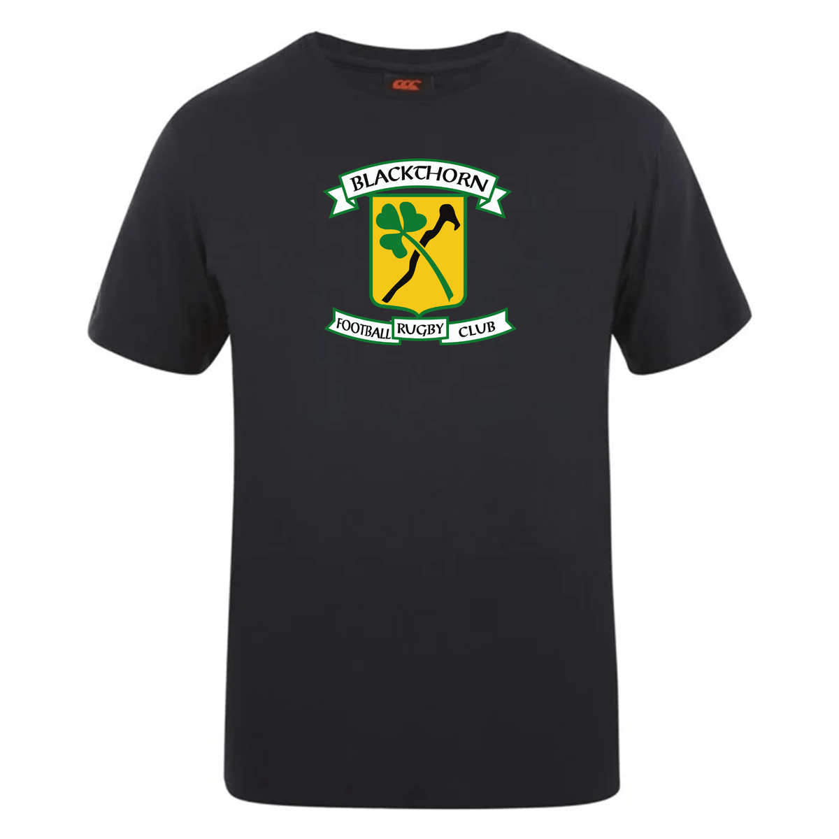 Blackthorn RFC Club Plain Tee by WRS Canterbury featuring a comfortable green and gold emblem with two rugby players.