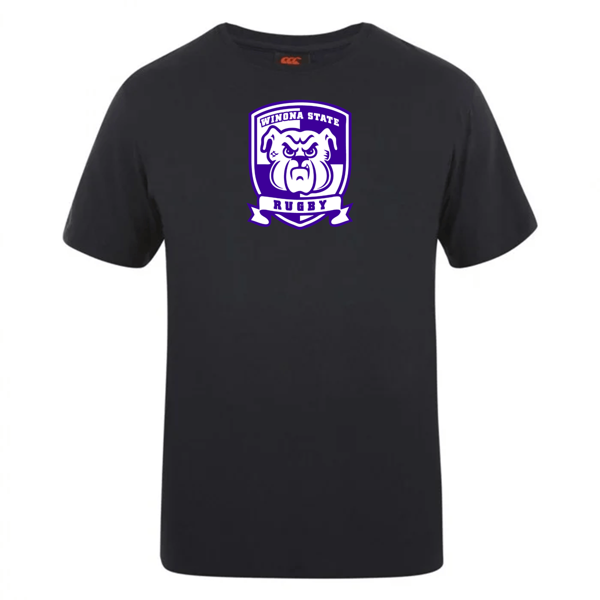 Black T-shirt featuring a purple and white "Winona State Rugby" emblem with a bulldog image in the center, crafted from premium cotton-heavy blend for durability and comfort. Customization options available for the Winona State University Club Plain Tee by Canterbury design to fit your style needs by WRS Canterbury.