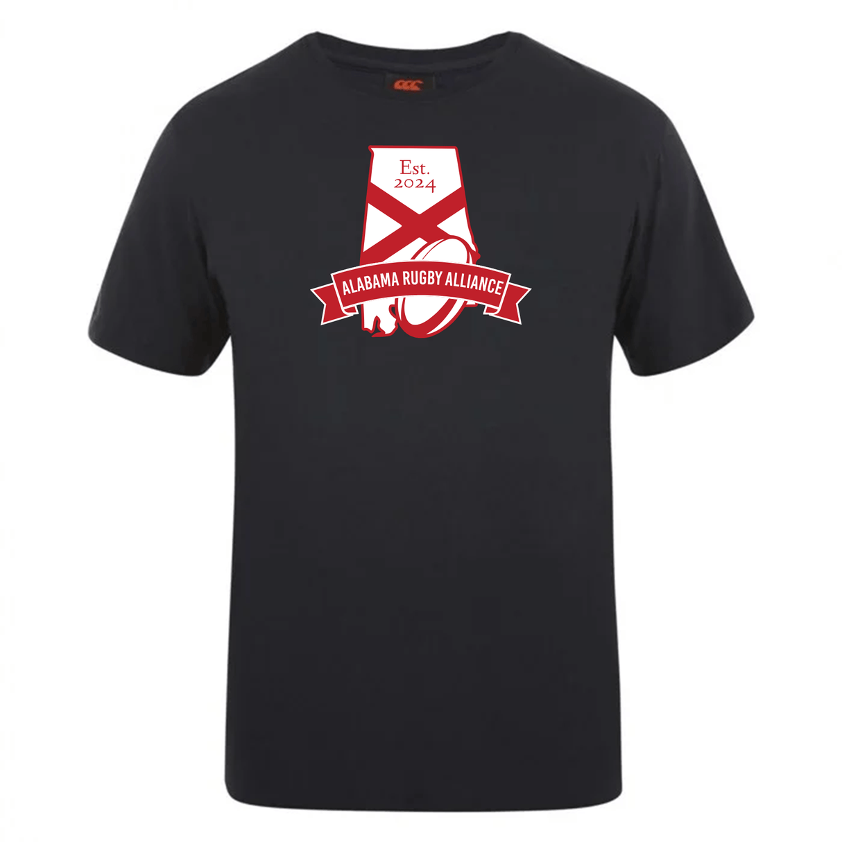 Black cotton blend Alabama Rugby Alliance Club Plain Tee by WRS Canterbury, featuring a red and white emblem and "est. 2024" text.