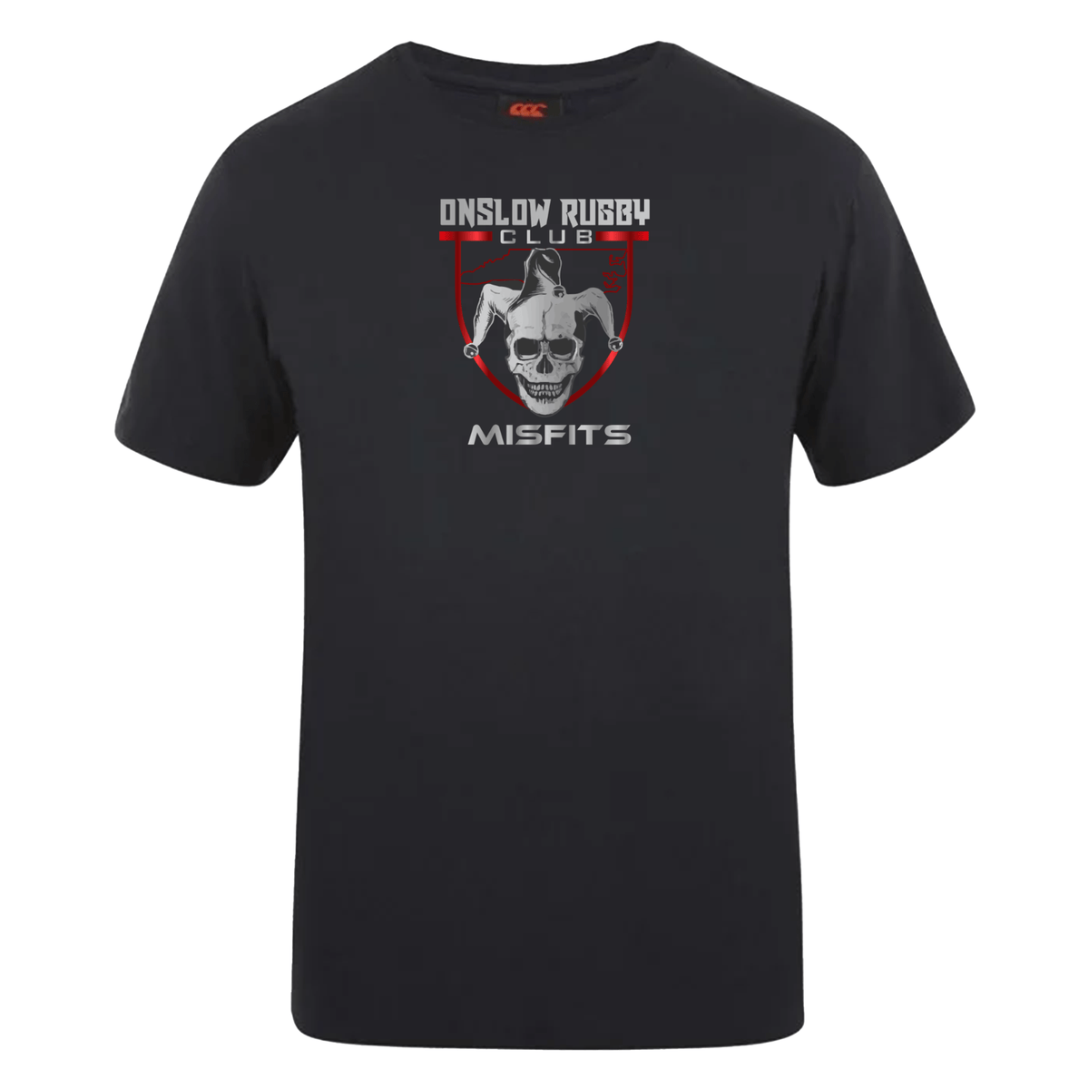 Black Onslow Rugby Misfits Club Plain Tee by WRS Canterbury with "onslow rugby club misfits" text and a skull graphic in gray on the chest, featuring Canterbury branding.