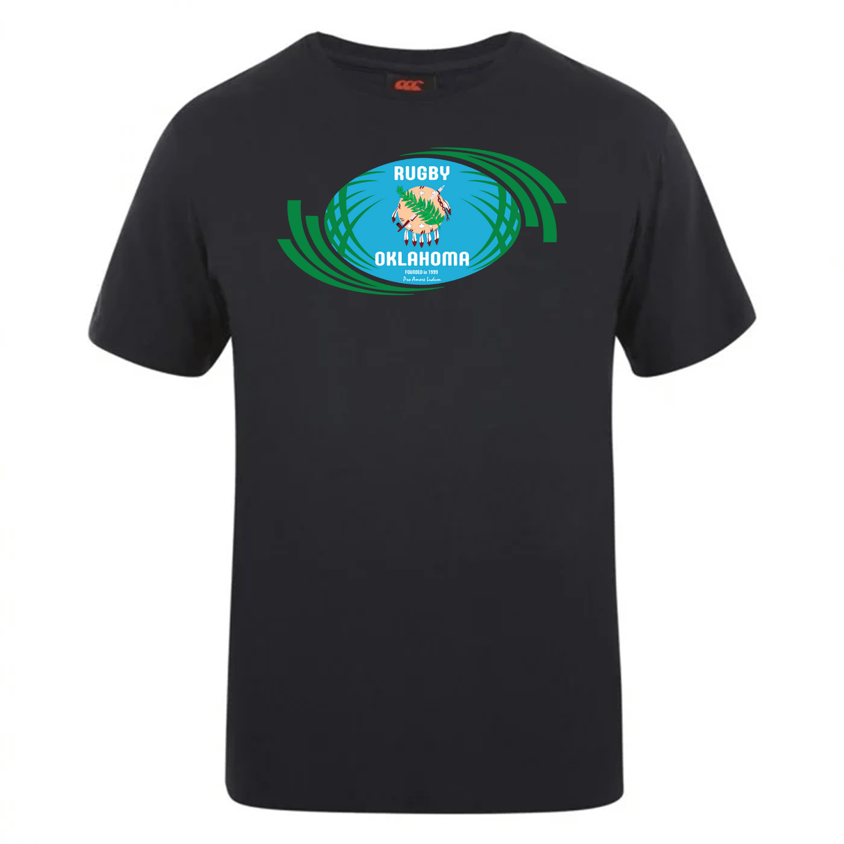 Black cotton blend Rugby Oklahoma Club Plain Tee by WRS Canterbury with a graphic of a rugby ball and "rugby oklahoma" text inside an oval, surrounded by green laurel wreath designs.