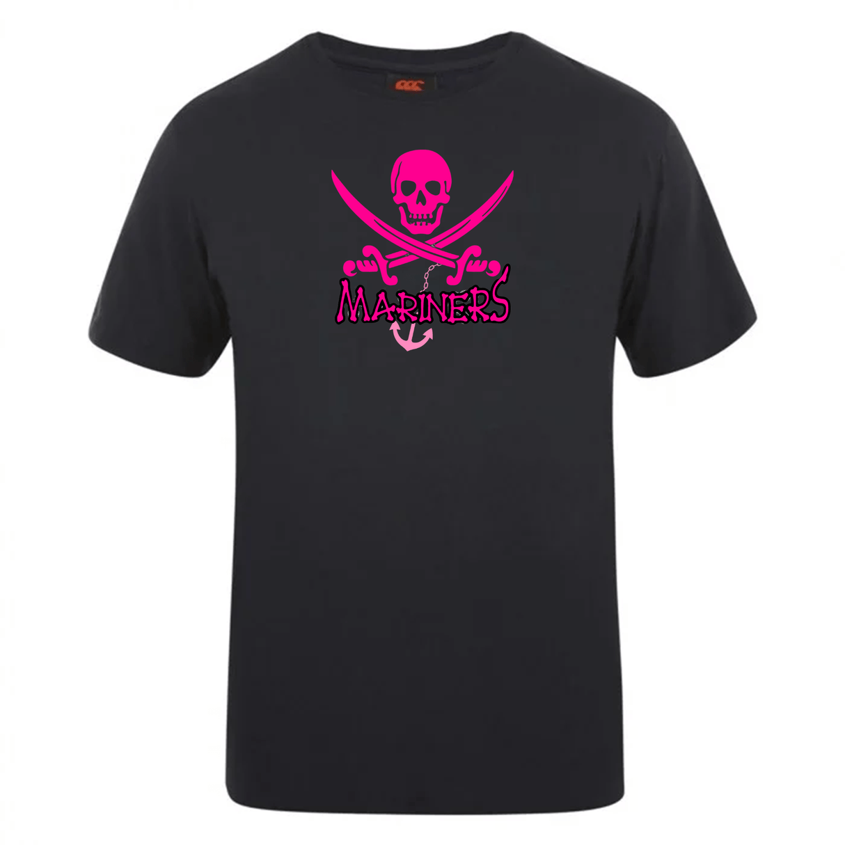 Black cotton blend SUNY Maritime Club Plain Tee by WRS Canterbury featuring a pink "mariners" logo with a skull and crossed swords design, offering a comfortable fit.