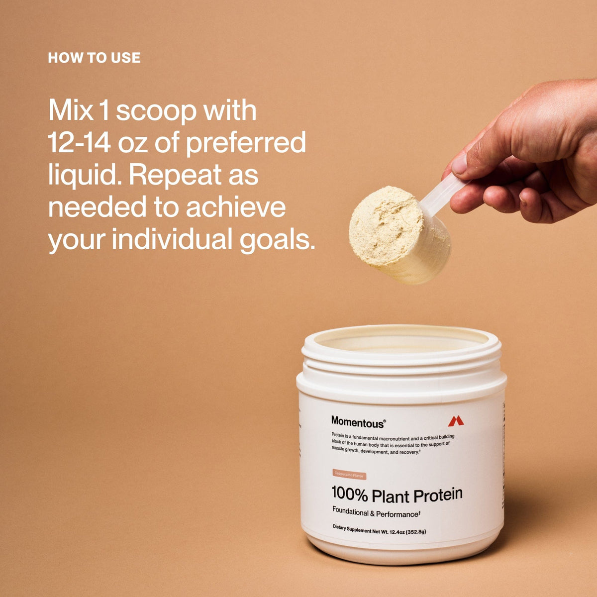 A hand holds a scoop of Momentous 100% Plant Protein Powder - Limited Edition Flavor above an open container, branded with "Momentous," while mixing instructions appear on a beige background.