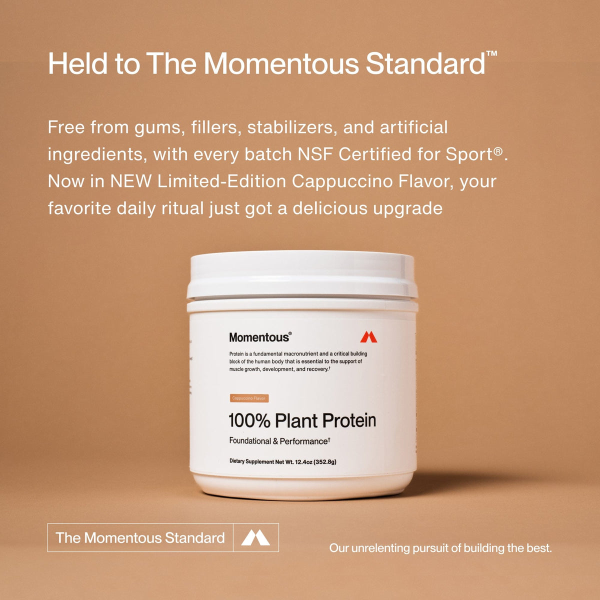 A container of Momentous 100% Plant Protein Powder - Limited Edition Flavor is displayed on a plain brown background, with text emphasizing its plant-based ingredients and certification.