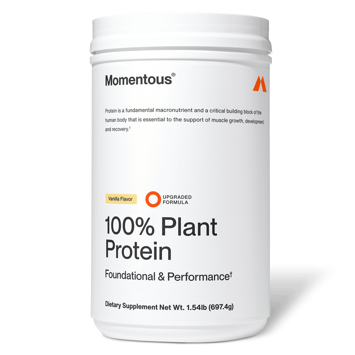 A white container of Momentous 100% Plant Protein Powder, vanilla flavor, NSF Certified for Sport, with a complete amino acid profile, labeled as a dietary supplement and net weight of 1.54 lb (697.4g).