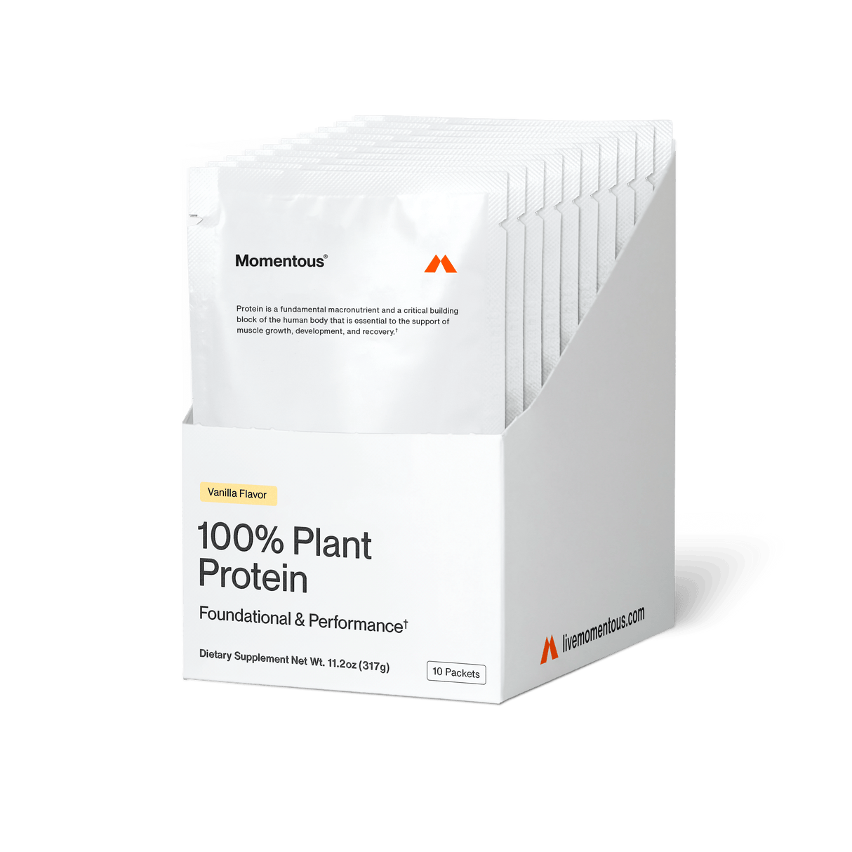 A box of Momentous 100% Plant Protein 10-Travel Packs, a vanilla-flavored dietary supplement designed for foundational use and muscle recovery.