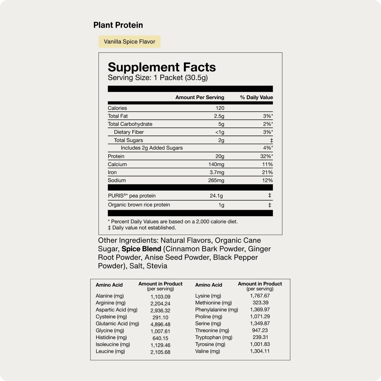Momentous 100% Plant Protein 10-Travel Packs Supplement Facts label lists nutrition info, organic cane sugar, spice blend, and a table of amino acid content per serving to support muscle recovery. Brand: Momentous.