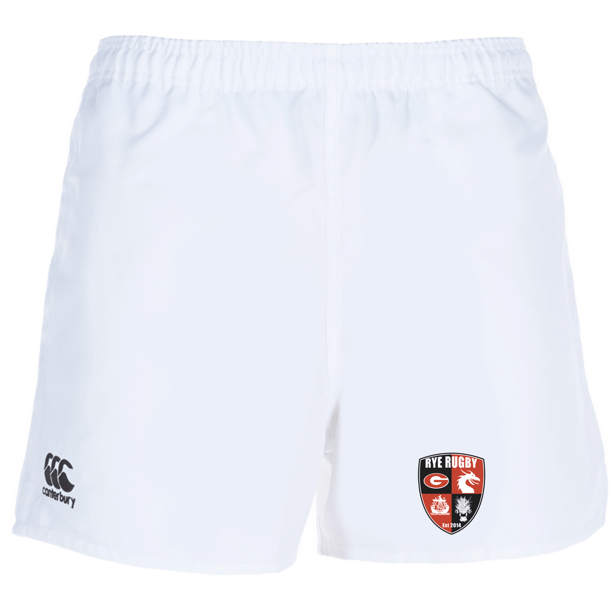 White rugby shorts with an elasticated waistband, brand logos, and club emblem - Rye High School Rugby Professional Polyester Rugby Short by EMB Canterbury