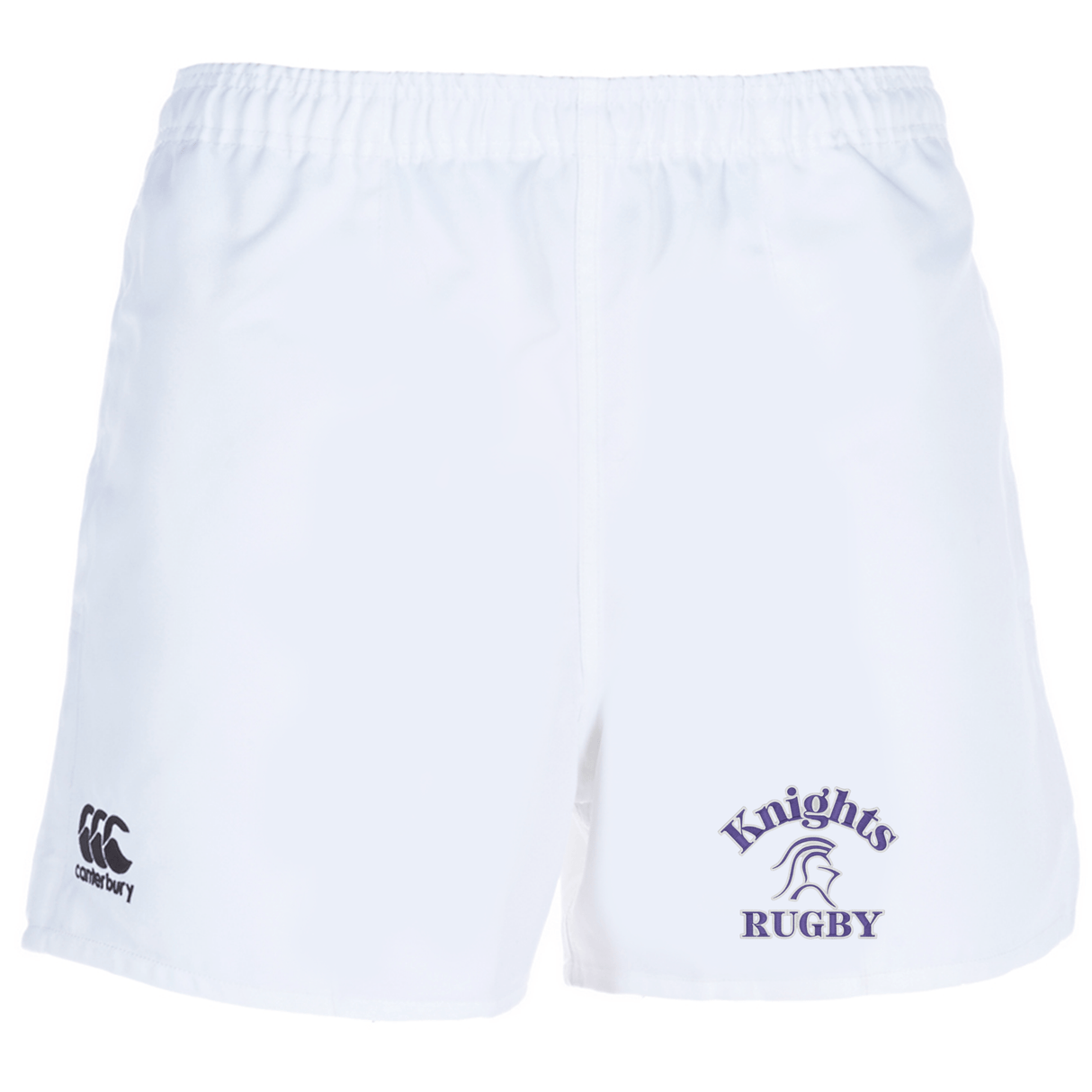 Ardrey Kell Rugby Professional Polyester Rugby Short by EMB Canterbury with an elastic waistband, featuring the EMB Canterbury logo on the left leg and "Knights Rugby" with a horse logo on the right leg. Made from durable polyester for premium comfort and performance.