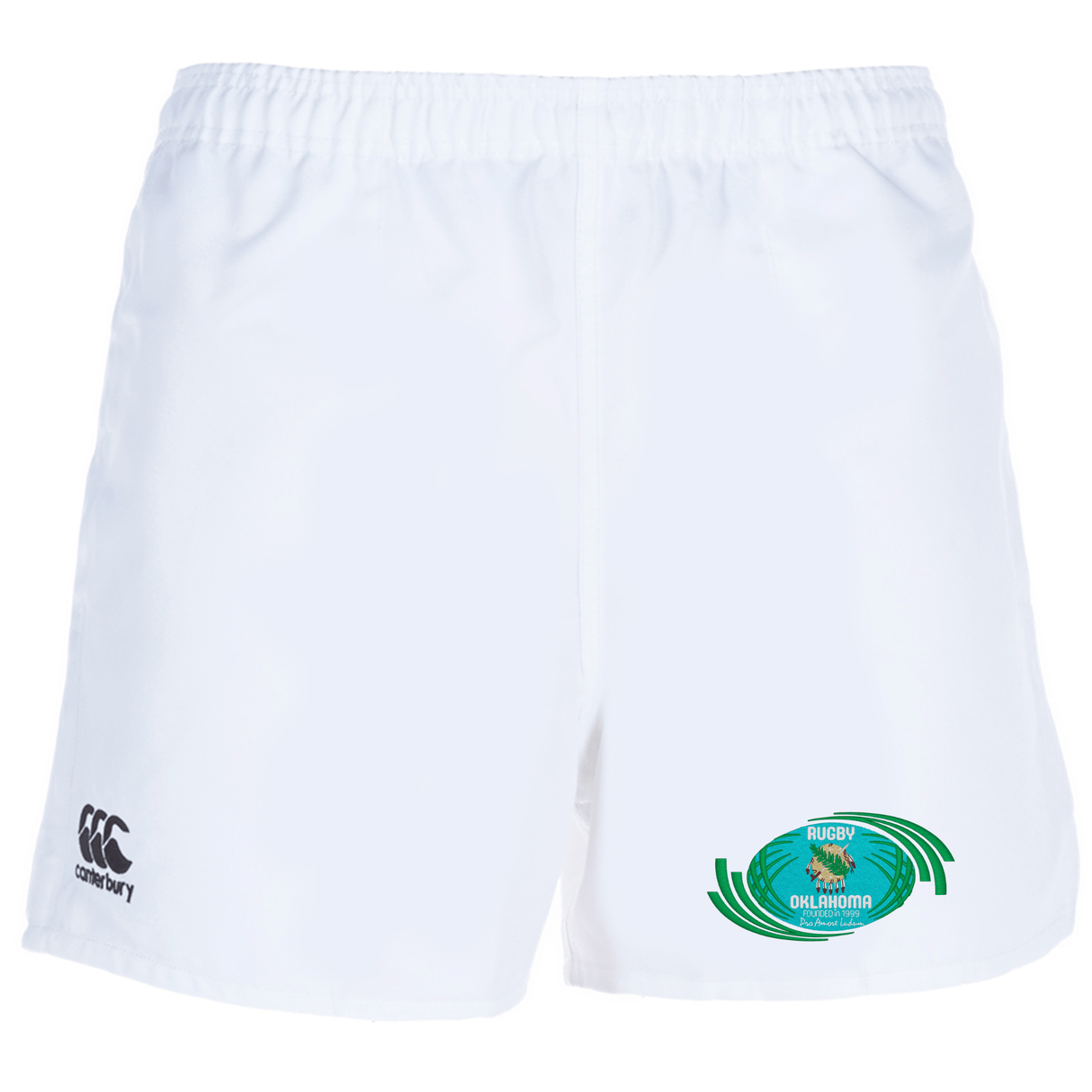 White Rugby Oklahoma Professional Polyester Rugby Short with EMB Canterbury logo on the left and a DHL Stormers emblem on the right.