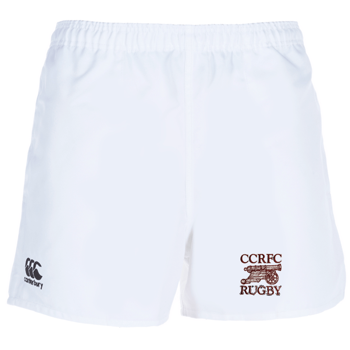 White Concord Carlisle Rugby Professional Polyester rugby shorts with an elasticated waistband, featuring the EMB Canterbury logo on the left and "CCRFC Rugby" emblem on the right, displayed against a plain background.