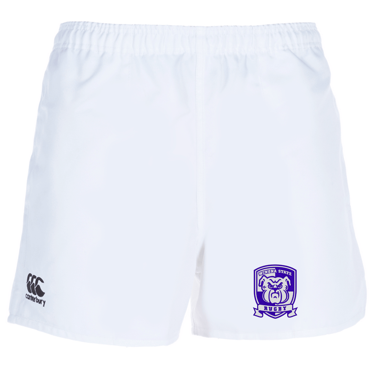 White polyester rugby shorts with an elastic waistband, featuring a purple rugby club logo on the right leg and a black Winona State University Professional Polyester Rugby Short by Canterbury logo on the left leg.