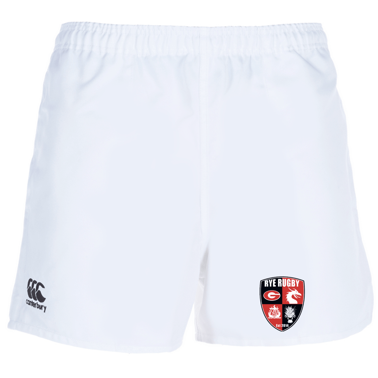 White Rye High School Rugby Advantage Rugby Shorts with moisture-wicking fabric and the EMB Canterbury logo on the left leg; 'bye rugby' club emblem on the right leg.