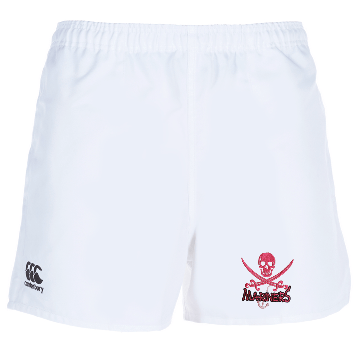 White SUNY Maritime Professional Polyester Rugby Shorts by EMB Canterbury with a Canterbury logo on the left leg and a "Mariners" logo featuring a skull on the right leg, designed with an elasticated waistband.