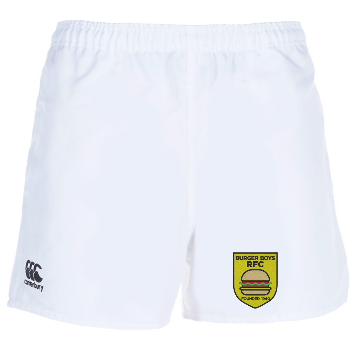 White Burger Boys RFC Advantage Rugby Shorts by EMB Canterbury with the "Burger Boys RFC" logo and Canterbury logo on the front, featuring non-slip grips.