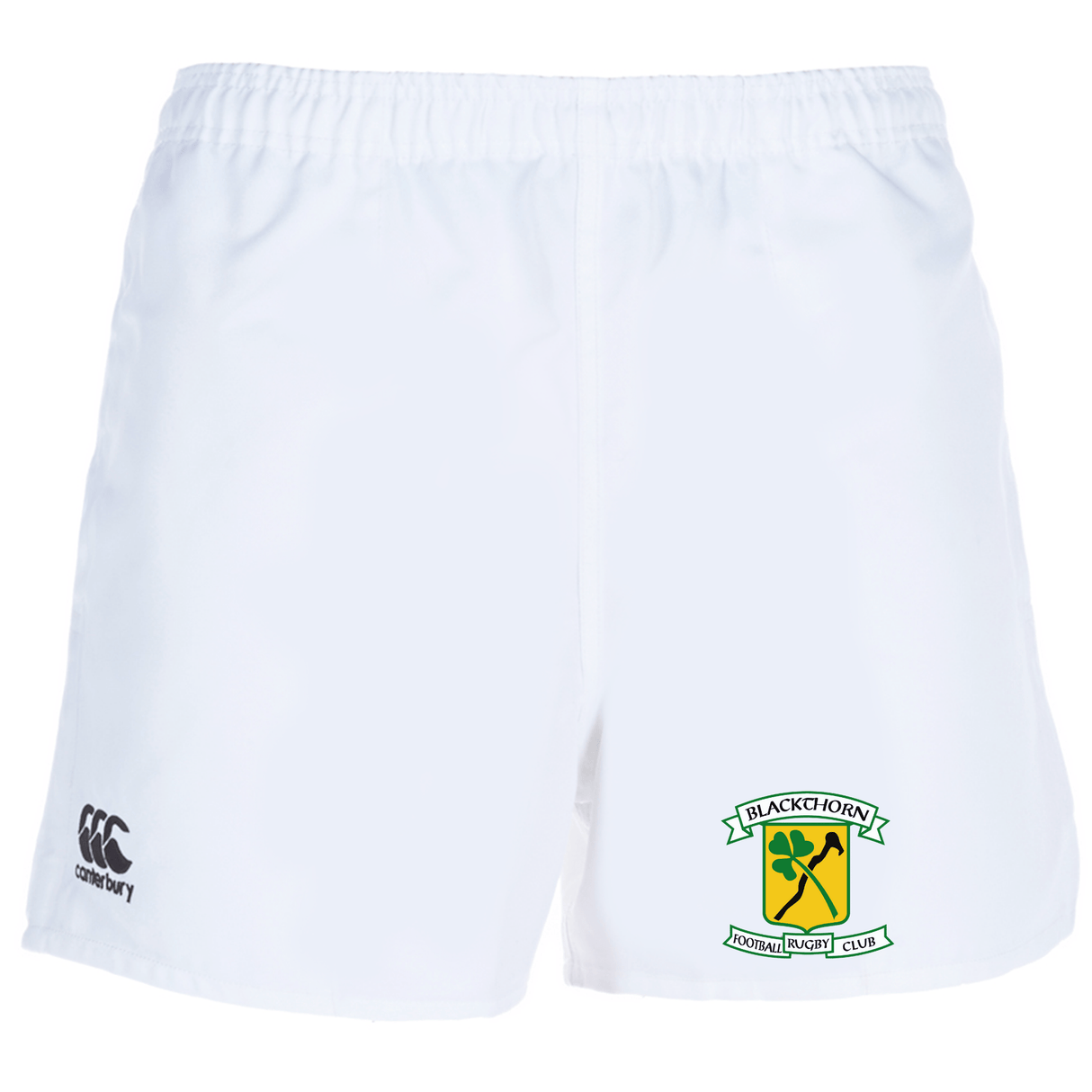 White Blackthorn RFC Advantage Rugby Shorts by EMB Canterbury with Blackthorn Rugby Club logo on the left leg and the Canterbury logo on the right leg, made from moisture-wicking fabric.