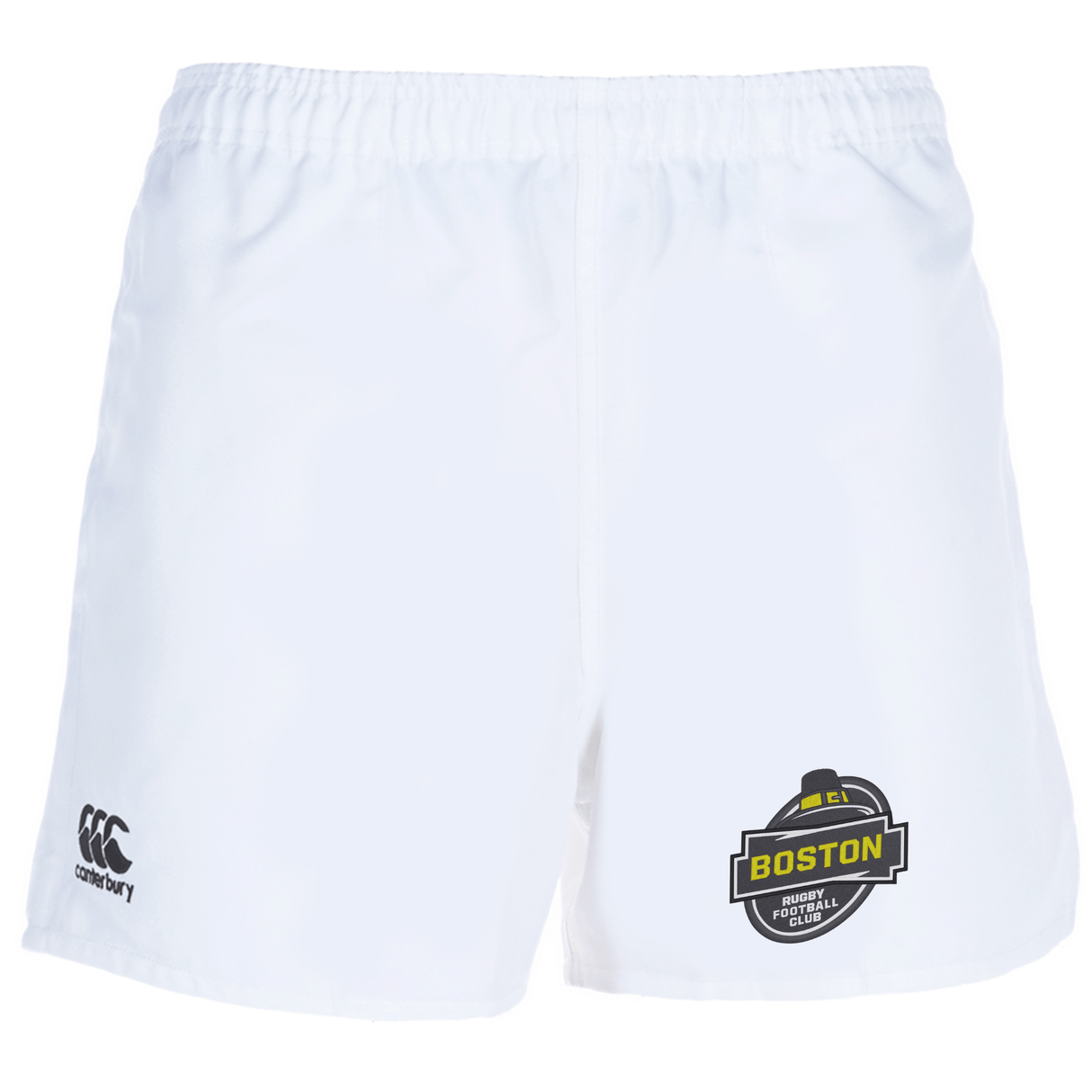 White Boston RFC Professional Polyester Rugby Short with EMB Boston rugby logo on the left leg and EMB Canterbury logo on the right.