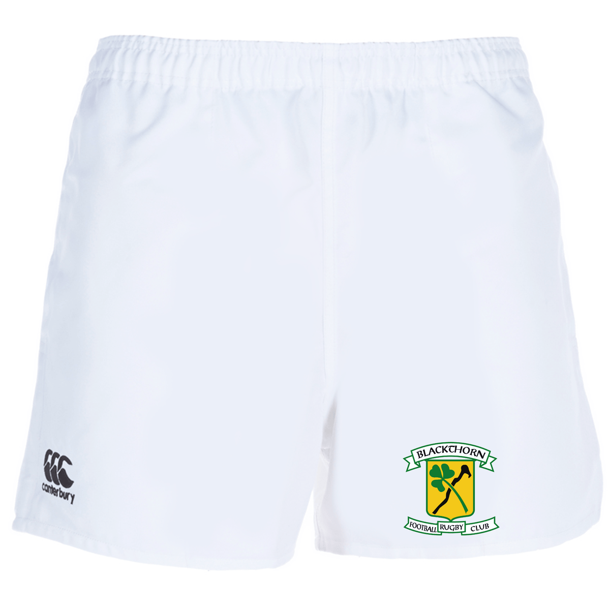 White rugby shorts with EMB Canterbury logo on the left and Blackthorn RFC Professional Polyester Rugby Short by Canterbury emblem on the right.