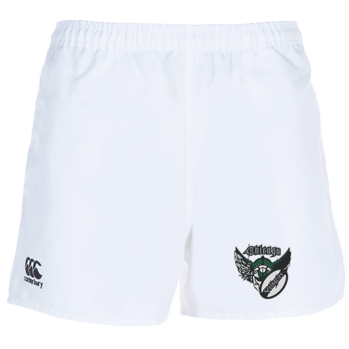 White Chicago Valkyries Professional Polyester rugby shorts featuring EMB Canterbury logos on the left leg and a team emblem on the right leg.