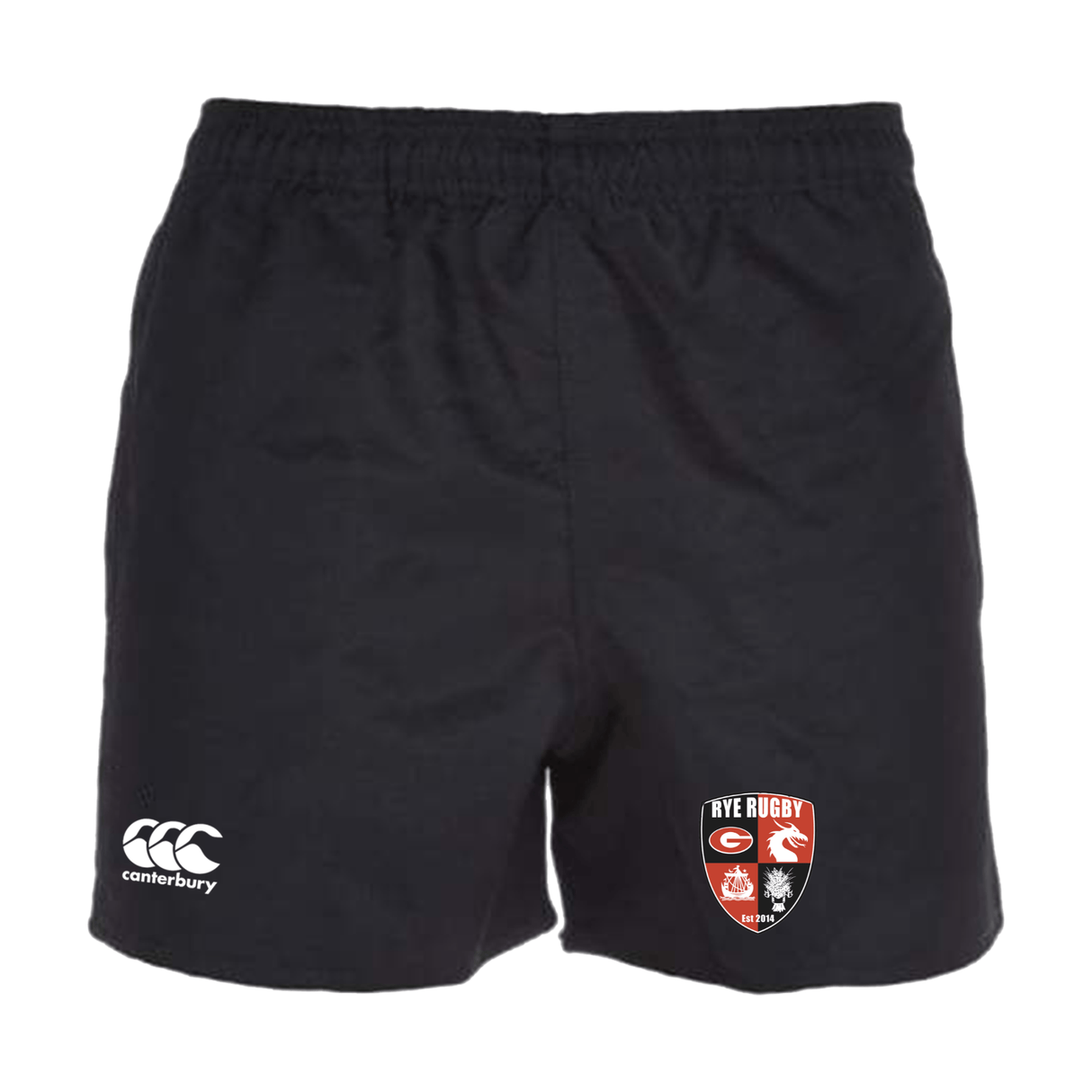 Black rugby shorts with EMB Canterbury logo and Rye High School Rugby emblem, featuring an elasticated waistband.