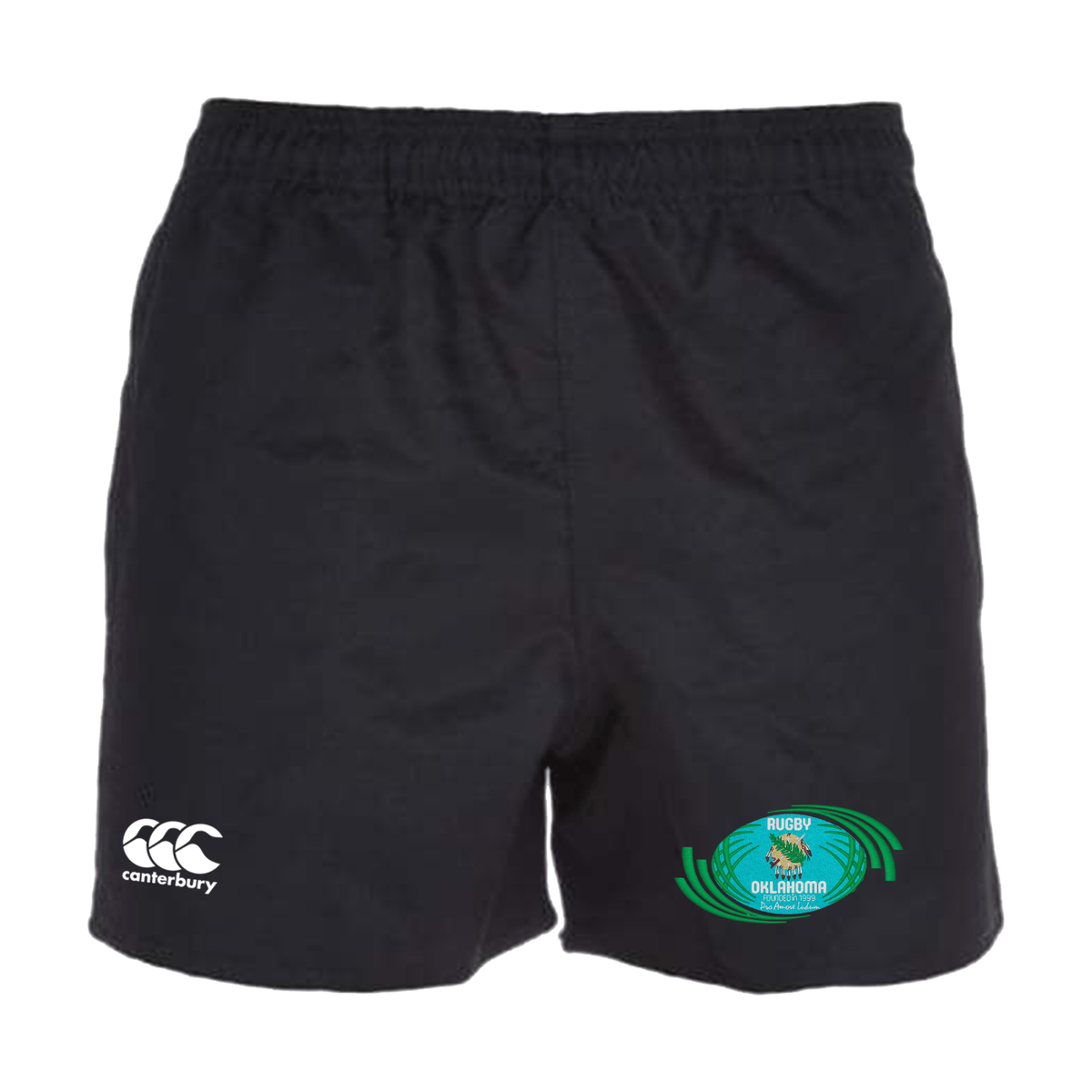 Black EMB Canterbury rugby shorts with a logo on the left leg and a Rugby Oklahoma Professional Polyester Rugby Short by Canterbury logo on the right leg.