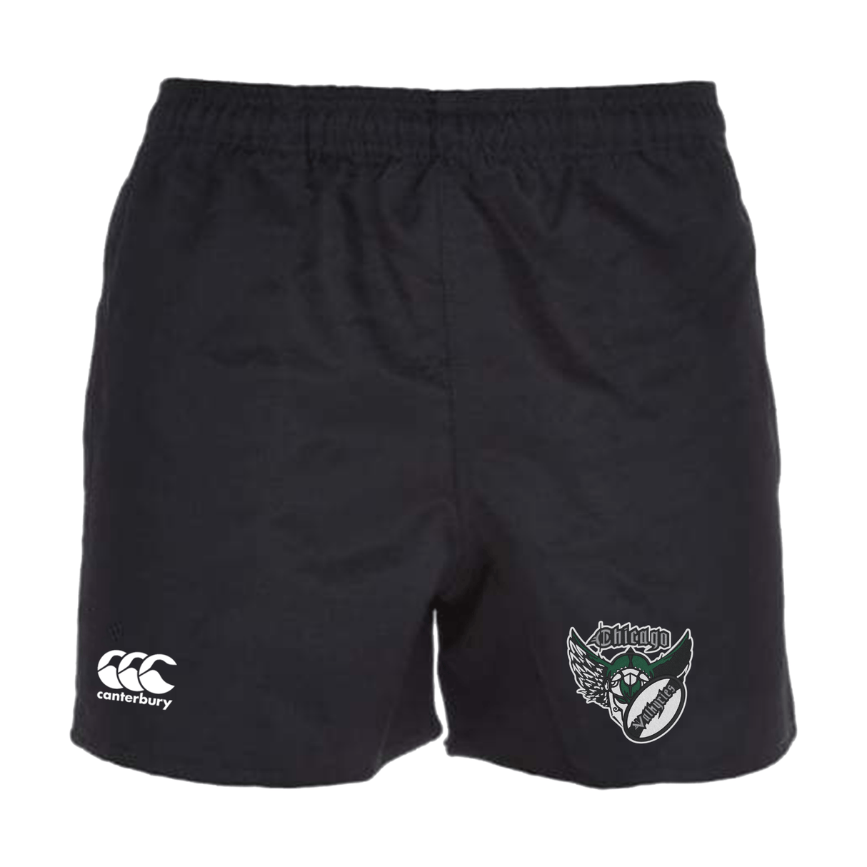 Black Chicago Valkyries Professional Polyester rugby shorts with an elasticated waistband, featuring an EMB Canterbury logo on the left and a dragon team emblem on the right leg.